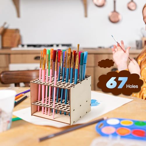 Image of 2 Pack Wooden Paint Brush Holder 67 Holes Wood Paint Brush Rack Paintbrush Holder Organizer for Colored Pencils Brushes