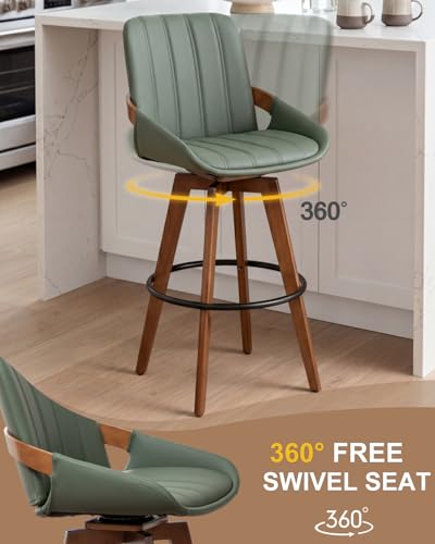 Image of AQG Green Bar Stools 30 Inch Set of 4 Leather Bar Height Stools with Backs, Mid Century Modern Swivel Bar Chairs, Upholstered Barstools Wood Frame for Kitchen Island