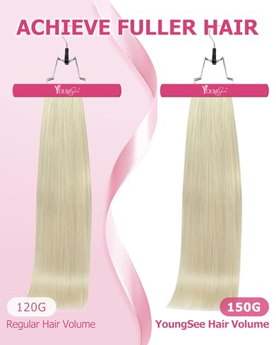 Image of YoungSee Clip in Human Hair Extensions Blonde, 18 Inch Human Hair Clip in Extensions, 120g 7pcs Platinum Blonde Straight Hair, Invisible Clip on Hair Extension for Women