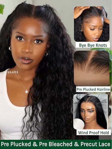 Image of KLAIYI Bye Bye Slip Water Wave 7X5 Precut Lace Front Human Hair Wig Drawstring Glueless 3S Ready to Wear and Go Wig with Baby Hair Pre Plucked Bleached Bye Bye Knots Curly Wig 180%Density Full 28Inch