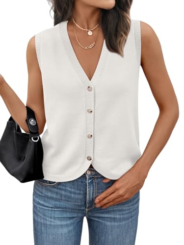 Image of LILLUSORY Womens V Neck Button Down Sleeveless Knitted Fall Sweater Vest | Soft Breathable Blend Tank Blouses for Ladies, Chic Curved Hem Preppy Outfits, Four-Season Versatile Layering Clothing Piece