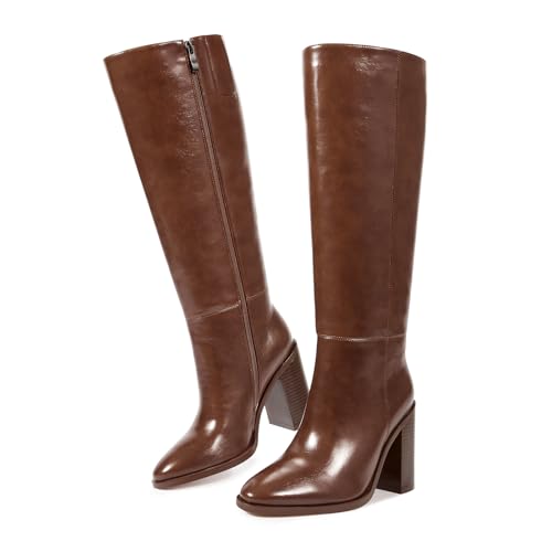ISNOM Knee High Boots for Women - Brown Tall Boots with Side Zipper, High Heel, Pointed Toe, Chunky Heel, Fall Boots, Size 7