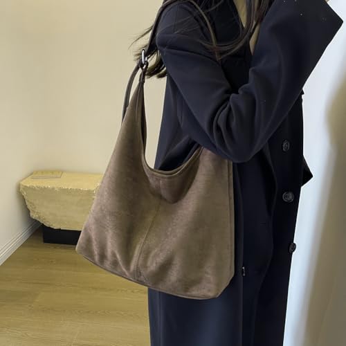 Image of Lushandy Brown Suede Purse Faux Suede Tote Bag Leather Hobo Bags for Women Slouchy Hobo Bag Fall Purse Shoulder Bag