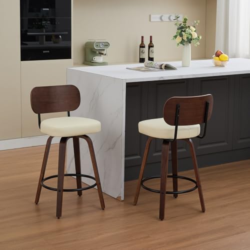 Image of Shenyon Counter Stools Set of 2, 26 inch Swivel Counter Height Bar Stools with Walnut Back,Upholstered PU Leather, Bentwood Legs, Mid Century Modern Bar Chairs for Kitchen Island, Beige