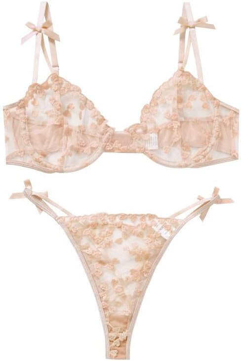 Sexy Womens Underwire Strappy Embroidered Mesh Sheer Lingerie V Neck Set See Bra 2 Piece