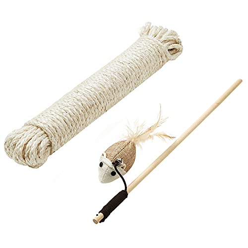 FEANDREA Replacement Sisal Rope, 65.6 Feet Long for Cat Trees and Scratching Boards, with a 13 Inches Long Toy Stick, Beige UPCA001W01 FEANDREA Replacement Sisal Rope, 65.6 Feet Long for Cat Trees and Scratching Boards, with a 13 Inches Long Toy Stick, Beige UPCA001W01