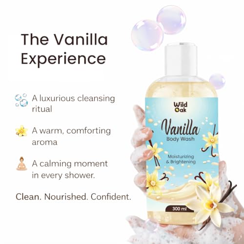 Image of WildOak Vanilla Body Wash | 300ml | Brightening, Hydrating & Gentle Exfoliating with Hyaluronic Acid, Collagen Peptides & Ceramides | Cleanser with Mandelic Acid & Probiotics for Soft, Smooth & Radiant Skin