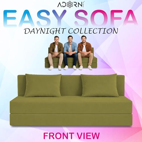 Image of Adorn India Easy 3 Seater Sofa Cum Bed | Velvet Fabric | Light Green | Plain Design | 6x5 Ft | Comfortable Seating | Washable Cover | Perfect for Home & Office