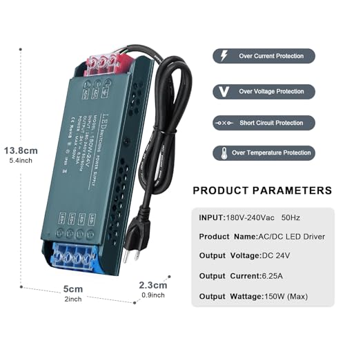 Image of QNNP LED Driver 150 Watts 24V with Plug Low Voltage Transformer Power Supply Transformer Adapter AC 100V-265V to 24V DC, LED Power Supply for Indoor Lighting
