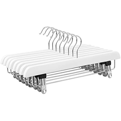 SONGMICS Skirt Hangers, Pack of 8, Solid Wood Trousers Hangers with Non-Slip Clips for Pants Slacks, Shorts, White CRW008WT-8 Cover