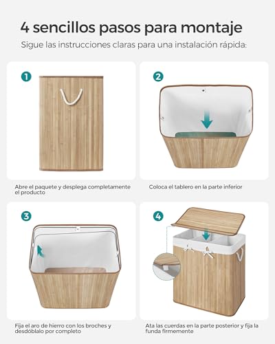SONGMICS - Cesta de lavandería (150 L, 3 compartimentos de clasificación, tapa de bambú, asas, plegable, bolsa extraíble lavable a máquina, para lavandería, dormitorio, color madera LCB091N01 - imagen 10