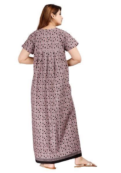 Image of NILOUFO Women's Cotton Printed Maxi Nighty - Pack of 2 | Soft Ankle-Length Sleepwear Gowns for Women | Free Size Night Dresses (Brown,Purple, Free Size)
