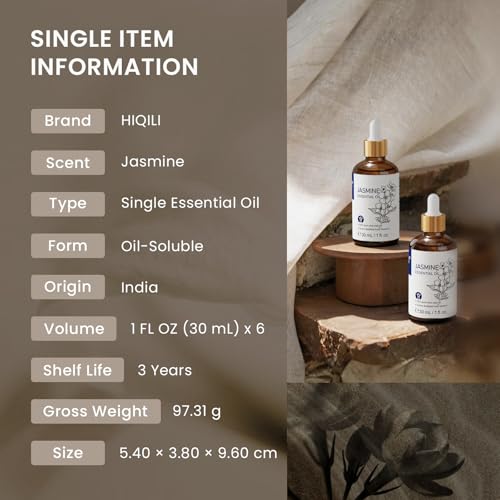 Image of HIQILI Jasmine Essential Oil Set for DIY Making, Skincare & Diffuser | Bulk Wholesale Supply for Spas, Salons, Hotels & Homestays, Ideal for Spa, Sauna and Gift - 6 Bottles / 1 Fl Oz Each