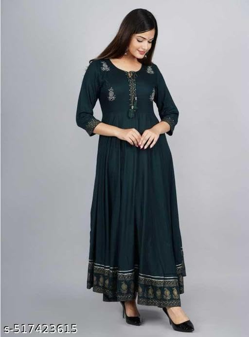 Image of Women's Printed Rayon Anarkali Kurti with 3 /4 Sleeves - Perfect for Festive, Party