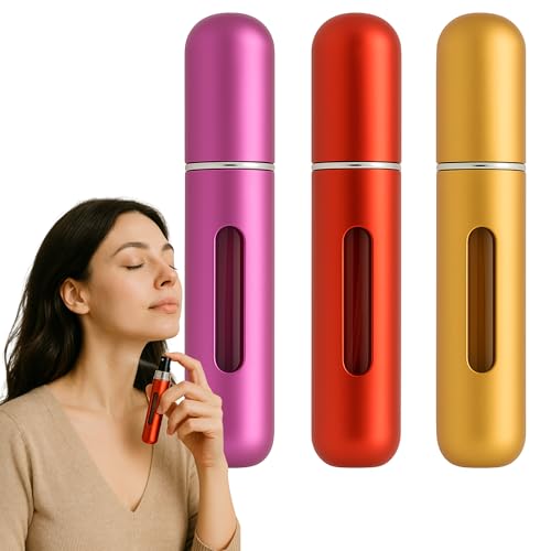 CHICHOUSE Set 3 Pezzi Mini Atomizzatori Profumo da Viaggio Ricaricabili Portatili 8 ml;Contenitori Spray con finestra;Ricarica Veloce Profumi;Perfetto per Aereo,Borsa,Palestra (SET ORO ROSA BORDEAUX)