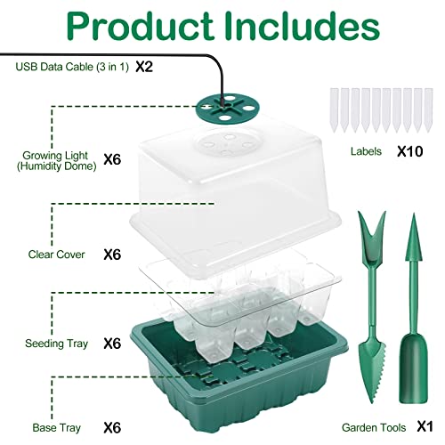 Seed-Starter-Tray-6PCS-Seed-Starter-Kit-with-Grow-Light-Seedling-Trays-with-Humidity-Domes-Covers-Height-39-Indoor-Gardening-Plant-Germination-Trays-12-Cells-per-Tray