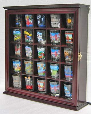 25 Souvenir Shot Glass Display Case Shadow Box Cabinet, Glass Door, Cherry Finish (SC01B-CHE)