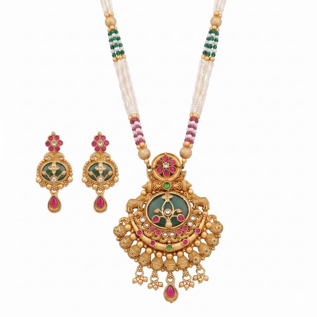 Royal Heritage Long Haram Necklace Set, Gold-Plated Designer Pendant with Intricate Elephant & Floral Carvings, Multi-Color Bead Chain, Exquisite Traditional Indian Jewelry for Women & Brides (jadi_pana_10)-image-10