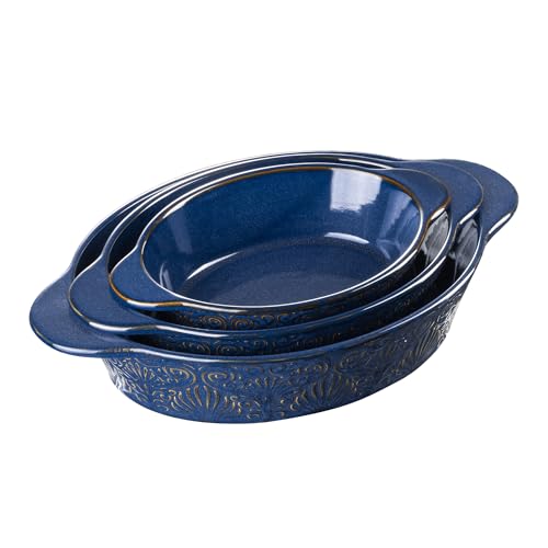 Dafuceramic Casserole Dishes for Oven Sets of 3 Ceramic Oval Baking Dish Au Gratin Baking Pans with Handles for Roasting Lasagna Pie Baking Meat & Vegetables Blue