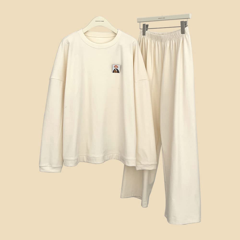 Pijamas para Mujer Conjunto De Pijama De Poliéster Blanco Crema con Cuello Redondo para Mujer Pijama De Manga Larga Simple Regular Suelto para Mujer Conjunto De Dos Piezas Regalo De Festival Adecua