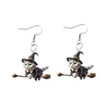 Lovely Cat Witch Hat with Fly Broom Dangle Earrings Acrylic Halloween Earrings for Women