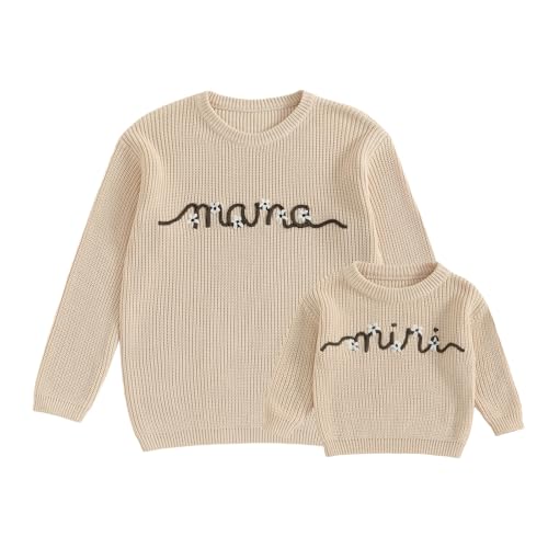 Mommy and Me Family Matching Sweaters Letter Embroidery Long Slee...