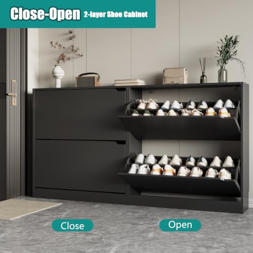 Image of Xixini Shoe Storage Cabinet for Entryway with 2 Flip Drawers, Wood Freestanding Hidden Shoe Storage, Sturdy Narrow Slim Shoe Organizer for Front Door Entrance, Living Room, Hallway, Bedroom, Black