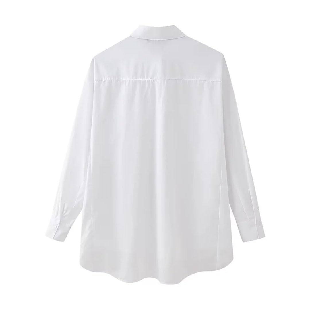 Camicia da donna versatile con colletto a polo a maniche lunghe, orlo asimmetrico, rivetti