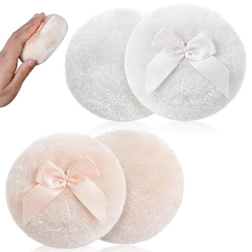 4 Stück Großer Flauschiger Puderquaste 9CM Waschbar Puderquaste für Körperpuder Wiederverwendbare Körperpuder Gesicht Körper Puderquasten für Losen Puder Talkumpuder(Weiß Beige)