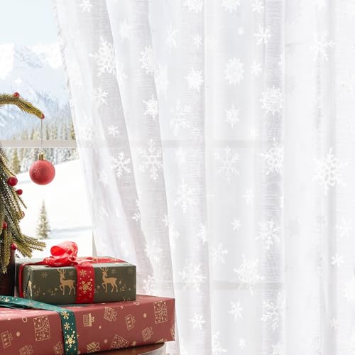 jinchan Christmas Snowflake Curtains for Living Room Bedroom White Sheer
