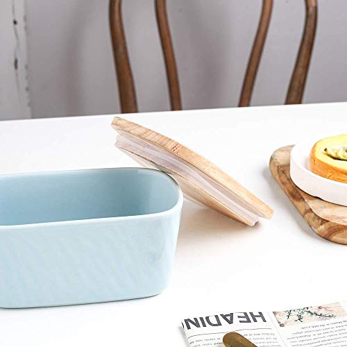 Koov Porcelain Large Butter Dish With Lid For Countertop, Airtight Butter Container With Oak Lid, Butter Crock, Perfect For 2 Sticks Of Butter, Texture Series (Sky) #TOP6