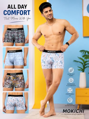 Image of Men's Printed Trunks | Boxer Brief Underwear with Broad Elastic Waistband and Contoured Pouch | Multicolour, Pack of 4