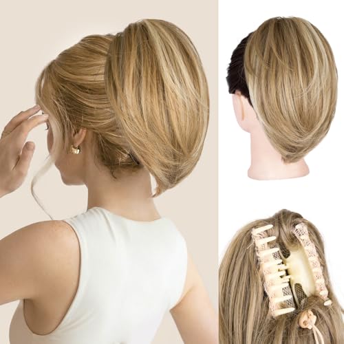 Clip on Ponytails for Women - 10 Inch Short Ponytail Extension Straight Pony Tails Hair Extensions Synthetic Hair Extensions Ponytail Clip in Ponytail (Dark Blonde with Beige Blonde Highlights)