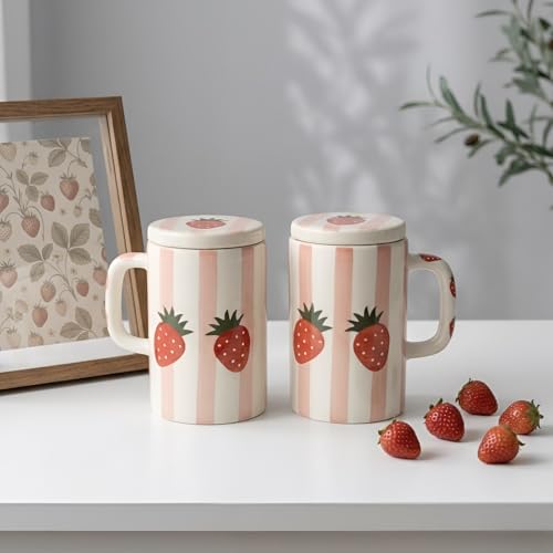 Image of SNS Handmade Ceramic Tumbler Mug with Lid (Pack of 2) | Coffee, Tea, Iced Beverage & Juice Cup | Hot & Cold Drinkware | Aesthetic Designer Mug for Home, Office & Gifting (Strawberry Bliss Mug)