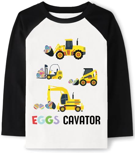 Tkria Boys Girls Easter Day Bunny Egg Hunt Shirts Raglan Long Sleeve Monster Truck Excavator Gnome Rainbow Top for Kid 2-10T