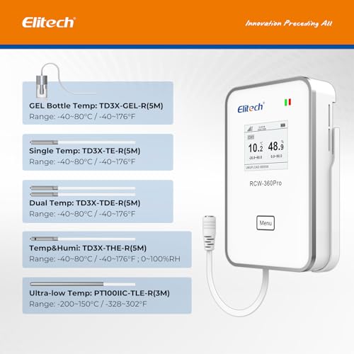 Image of Elitech Dual Temperature Probe for RCW-360Pro, -40F to 176F, 16.4ft Cable Auto-Detection Digital Sensor with Individual Calibration Certificate for Medical Pharma Validation, TD3X-TDE-R-5M
