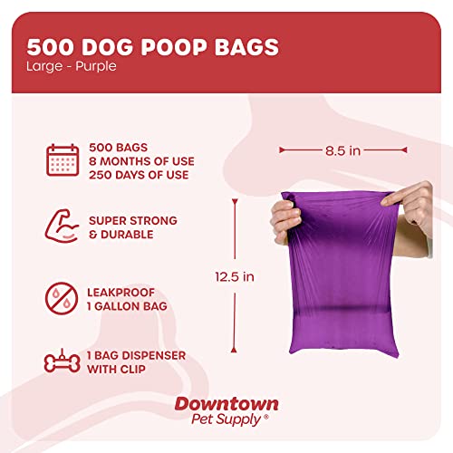 Downtown Pet Supply Dog Poop Bags (500 Ct - Purple Bags & 1 Dispenser) Waste Bag Dispenser Clips To Dog Leashes Bags & Dog Harnesses- Poop Scoop Bags Are Leak-Proof Bags & Unscented #TOP1