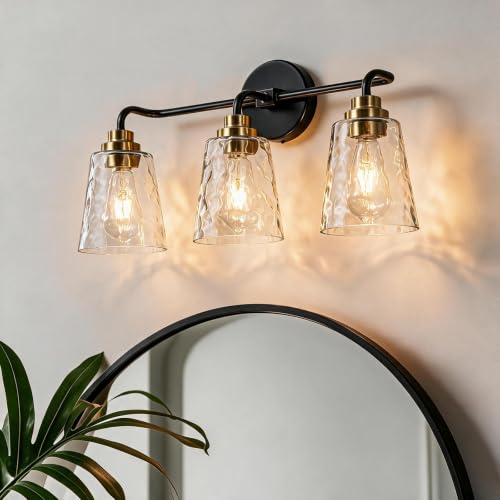 Image of WILON 3 Light Bathroom Light Fixtures Hammered Glass Vanity Light | Modern vanity light with hammered glass shades and black gold finish Ideal for bathroom mirror, makeup and dressing areas
