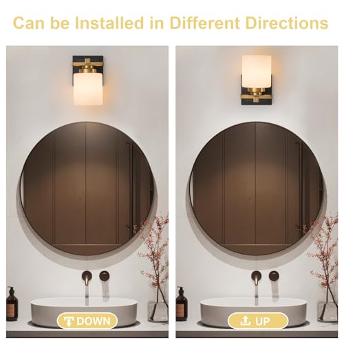 Image of Modern Bathroom Light Fixtures Over Mirror, Vanity Lights for Bathroom Wall Sconces with Milky White Glass Shades, E26 Socket (Bulbs Not Included), 1 Light, Black Gold