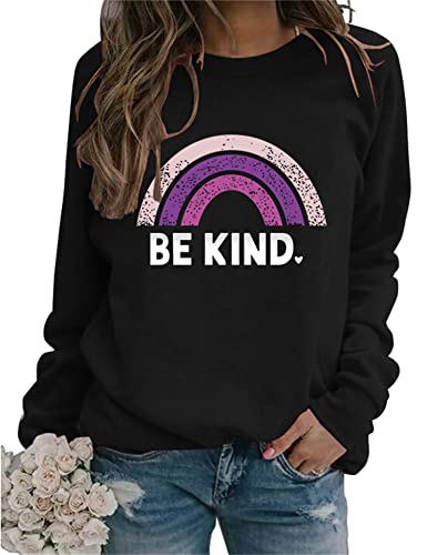 Sea Zaela Women Be Kind Oversized Sweatshirts For Woman Long Sleeve Tops Crewneack Cute Graphic Loose Fit Pullover Black Purple Kind X-Large