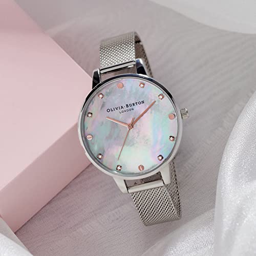 Image of Olivia Burton Classics Qtz Basic White Mother of Pearl & Stone & Stud Round Dial Women's Watch|Stainless Steel Material|Silver Color Band - OB16SE07