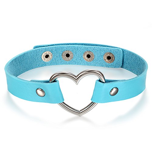 JewelryWe Schmuck Damen Choker Halsband Halskette, Leder Legierung 33-40cm Erstellbare Punk Lolita Herz Collier Kette, Blau Silber