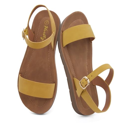 Image of Herstyle Flat Sandals for Women - Open Toe 1 Band Ankle Strap Summer Dressy Sandals, Lightweight Casual Strappy Slip-On Flats with Adjustable Buckle