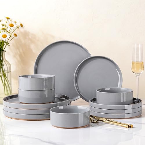 Image of AmorArc Ceramic Dinnerware Set for 4 | Speckled Stoneware Plates and Bowls with unglazed terracotta | Scratch Resistant, Dishwasher & Microwave Safe Dishes Sets- 12-Pcs Gray