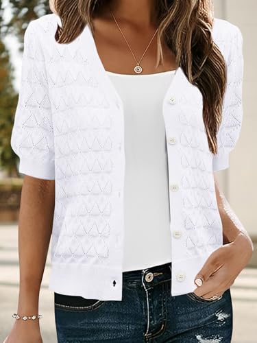 Lightweight Sweater Crochet Knit Short Sleeve Open Front Cardigan Shrug for Women