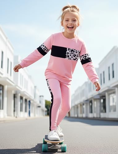 Image of PATPAT Girls Clothes Size 7-8 Years, Girls Fall Outfits, Pink Leopard Color Block Sweatshirts + Pink Legggings 2 Piece Outfits Kids Clothing Sets Sweat Suit Tracksuit Set