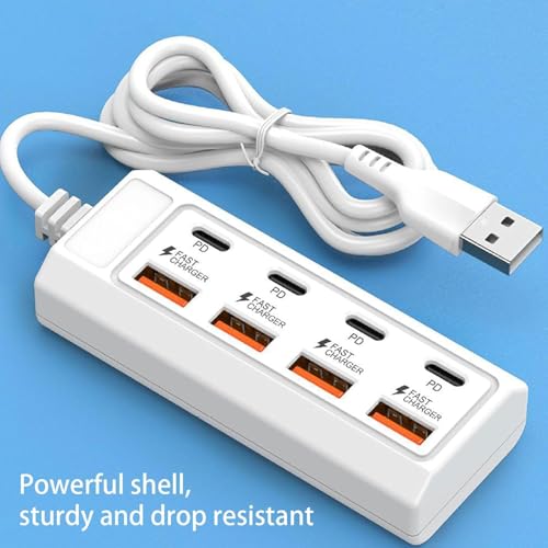 Image of 8-Port USB Charging Hub, 25W Fast Charger with 4 PD USB-C and 4 USB-A Ports, White, for Phones and Tablets
