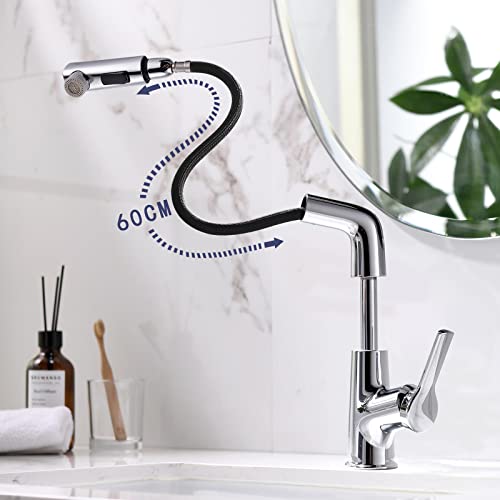 Robinet de lavabo monotrou extractible argent pour salle de bain moderne