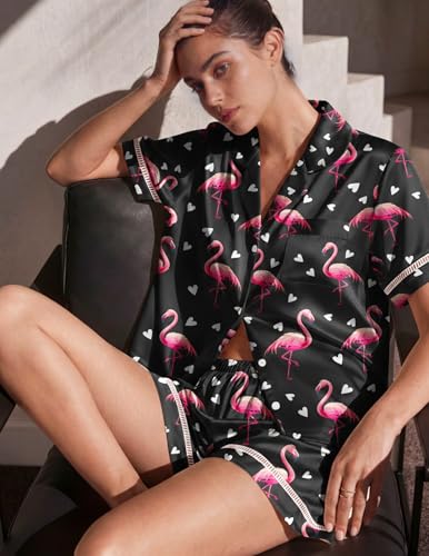 Image of Ekouaer Womens Silk Pajama Sets Button Up Satin Pjs Short Sleeve 2 Piece Pj Sets Cute Lounge Sets with Chest Pocket