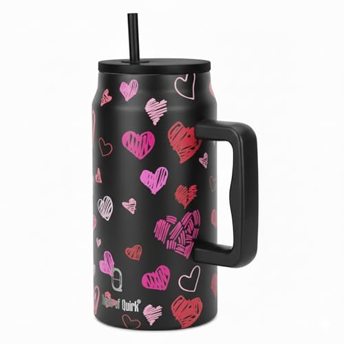 Image of House of Quirk 1500ML Stainless Steel Mug Tumbler with Handle & Straw Lid - Large Water Bottle for Men & Women (Black Heart)